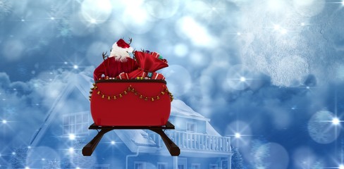 Poster - Composite image of rear view of santa claus riding on sled with