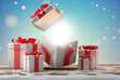 open christmas present surprise and christmas presents with snow 3d-illustration