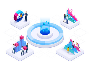 Wall Mural - Isometric concept of business teams meeting working with new startup project, analysis data the charts and graphs, discussion. Consulting for company performance, analysis, accounting