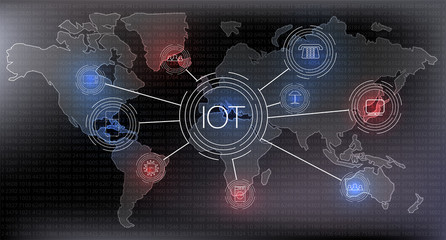 Poster - Internet of things (IOT), devices and connectivity concepts on a network, cloud at center. digital circuit board above the planet Earth.