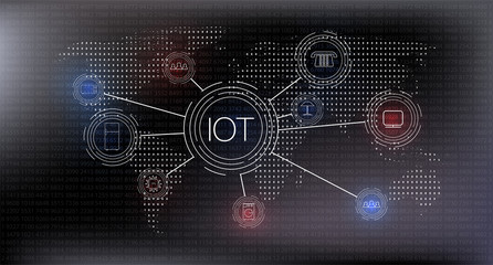 Poster - Internet of things (IOT), devices and connectivity concepts on a network, cloud at center. digital circuit board above the planet Earth.
