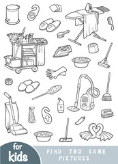 Find two the same pictures, game for children. Black and white set of objects for cleaning and housekeeping