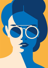 Fashion Portrait Of A Model Girl With Sunglasses. Retro Trendy Colors Poster Or Flyer.