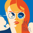 Fashion portrait of a model girl with sunglasses. Time to Travel and Summer Holiday poster.