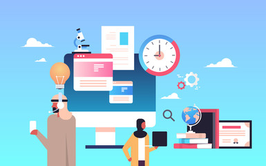 Poster - arabic man woman headphones online education concept successful e-learning study process flat horizo