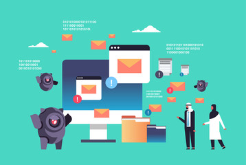 Poster - spam bot email spamming attack robot computer application internet spammer concept artificial intelligence arabic man woman couple flat horizontal vector illustration