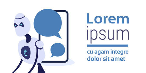Poster - Chat bot mobile application screen bubble robot virtual assistance messenger support artificial intelligence concept flat horizontal isolated portrait copy space vector illustration