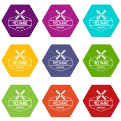 Poster - Mechanic engine icons 9 set coloful isolated on white for web