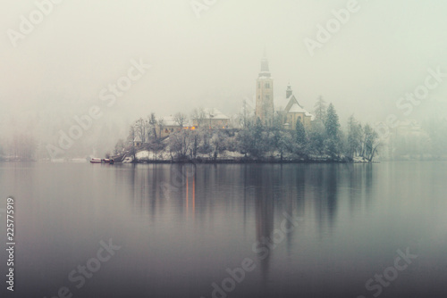 Fotografie, Tablou anoramic view of Bled lake in the morning, Slovenia