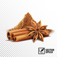 3d Realistic Vector Set Of Cinnamon Sticks, Anise Stars And A Pile Of Cinnamon