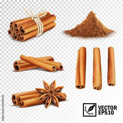 Fotomural 3d realistic vector set of cinnamon ( cinnamon sticks tied with a rope, anise st