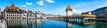 Beautiful Panoramic View Of City Center Of Lucerne With Famous Chapel Bridge And Lake Lucerne In Switzerland