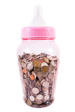 Large Baby Milk Bottle Fill With Thai Baht Coins Money Isolated On White Background