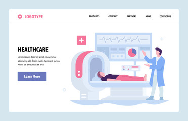 Aufkleber - Vector web site linear art design template. Healthcare and medical research. Doctor makes medical check up with MRI tomography. Landing page for website and mobile development. Modern illustration