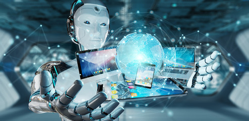 Poster - white cyborg connecting devices together 3d rendering