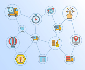 shipping and logistic concept icons network diagram in blue background