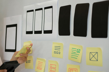 user experience ux designer designing web on smartphone layout. ui planning mobile application. deve
