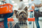 Fototapeta Dmuchawce - Cute little puppy dog sitting in a shopping cart on blurred shop mall background with people. selective focus macro shot with shallow DOF