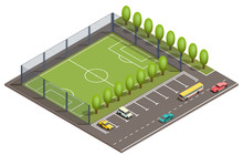 Vector 3d Isometric Field For Football Games, Parking Places For Cars And Road With Vehicles. Green Field For Sport Near Asphalt Way, Urban Map, City Concept. Isometry Isolated On White Background.