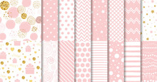 Set Of Sweet Pink Seamless Pattern Pink Dotted Background Collection Baby Girl Geometric Ornamental Template Vector