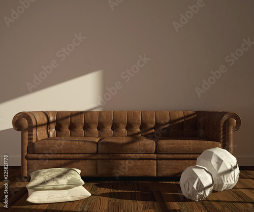 Modern Interior With Chesterfield Sofa Pillows And Lamps On