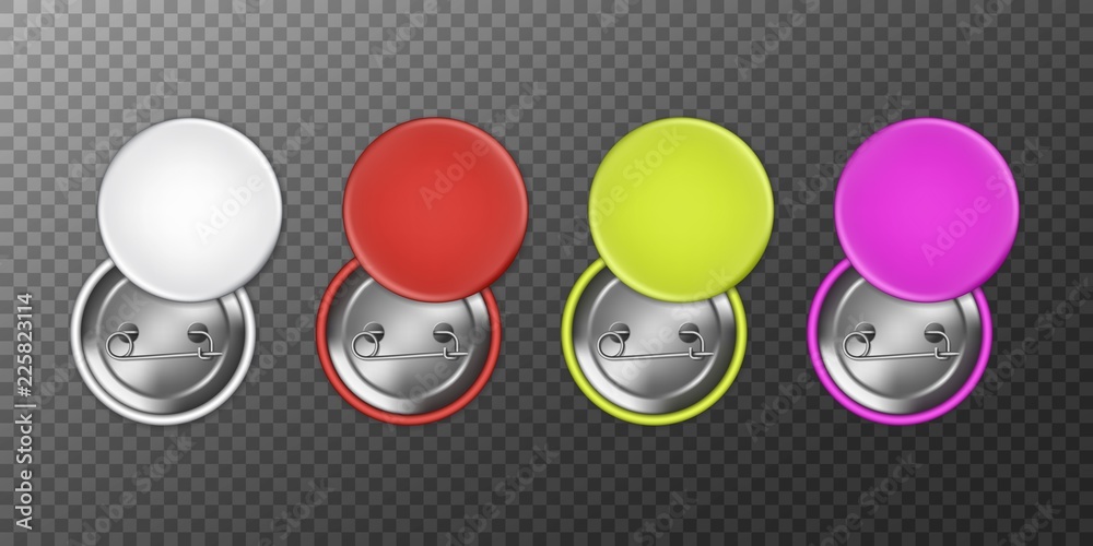 Blank badges. Realistic pin buttons. 3d vector mockup Stock Vector ...