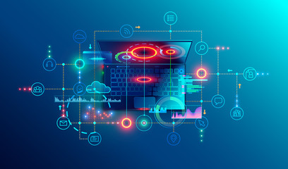 Leinwandbilder - Programming or Software development abstract concept. Top view at screen laptop with business icons, programming language or fragments coding. Technology banner of Software developer company