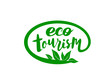 Vector handwritten lettering for logo of eco tourism. Eco Travel logotype. Isolated vector green illustration EPS 10 for travel. text in modern style with leaves.
