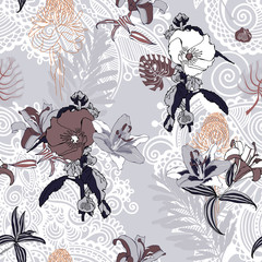 Sticker - original trendy seamless artistic flower pattern, beautiful trop