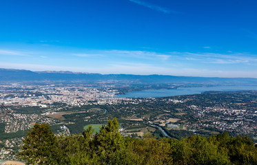 Aerial view of Geneva, Switzerland, lac lemon / geneva lake and the surounding landscape as seen from Mont-Saleve, France