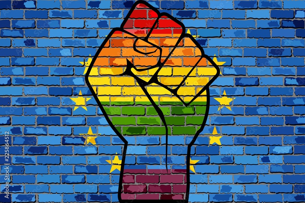 LGBT Protest Fist on a Europe Brick Wall Flag - Illustration, 
Brick Wall European Union flag and Gay flags - obrazy, fototapety, plakaty 