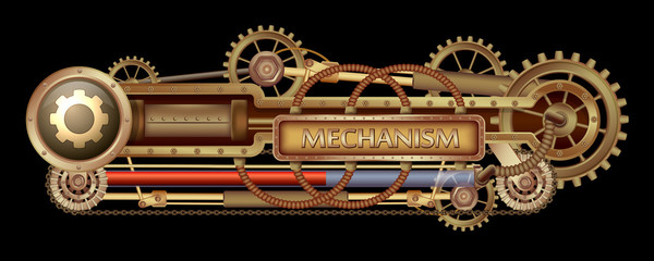 Wall Mural - Mechanical banner decorated with brass gears, nozzles and rivets on a black Steampunk background.