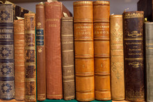 Hans Christian Andersen Books Printed In 19th Century. Leather Covers On Bookshelf With Old Fairy Tales By Famous Danish Writer