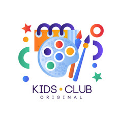 Poster - Kids club logo, colorful creative label template, playground, entertainment or science education curricular club badge vector Illustration on a white background