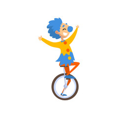 Sticker - Funny clown cartoon character riding unicycle, birthday, carnival party or circus performance vector Illustration on a white background