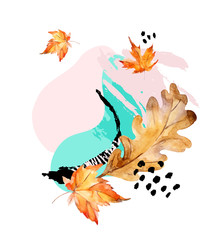 Wall Mural - Abstract composition of autumn oak, maple leaves, fluid shapes, minimal grunge element, doodle
