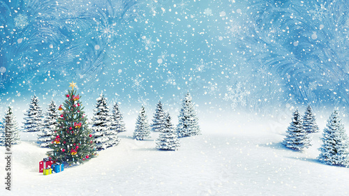 Decorated Christmas tree outdoors falling snow background 3d render 3d ...