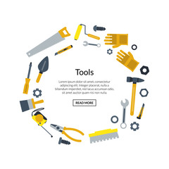 Poster - Banner vector flat construction tools in circle shape with place for text isolated on white illustration
