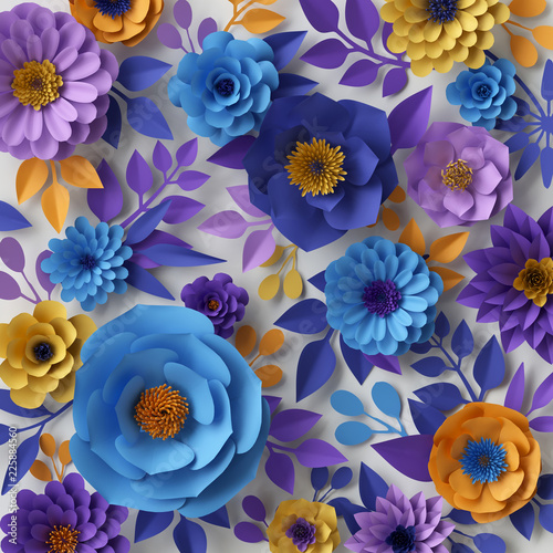 Dekoracja na wymiar  renderowania-3d-wzor-zolty-niebieski-fiolet-papierowe-kwiaty-ozdobna-sciana-kwiatowy-tlo-wakacje