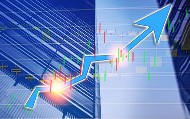 Stock index growth shown the graph and chart in Commercial buildings background (blue bull chart)