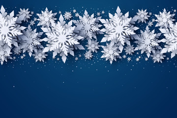 Wall Mural - vector merry christmas and happy new year greeting card design with white layered paper cut snowflak