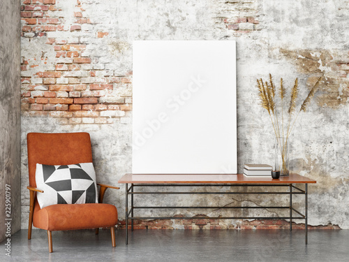 Fotografie, Obraz Mock up poster hipster interior background, 3d render, 3d illustration