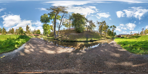 Wall Mural - full seamless spherical panorama 360 by 180 degrees angle view on the shore of small river with ducks in city park in summer day in equirectangular projection, AR VR virtual reality content