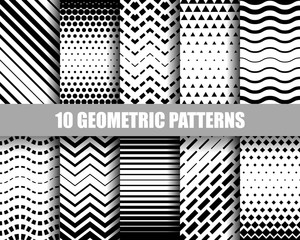 Wall Mural - Vector set of ten geometric patterns. Collection of seamless monochrome swatches for your design.