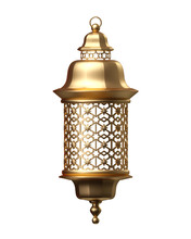 3d Render, Golden Lantern, Magical Lamp, Tribal Arabic Decoration, Arabesque Design, Digital Illustration, Isolated Object On White Background