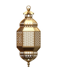 3d render, golden lantern, magical lamp, tribal arabic decoration, arabesque design, digital illustration, isolated object on white background