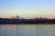 Sunset at Mt. Baker across Bellingham Bay, Bellingham, Washington, Pacific Northwest, USA.