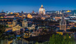Panorama at sunset from the Pincio Terrace with the dome of the Basilica of Ambrogio e Carlo al Corso, in Rome, Italy.