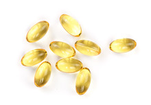 Fish Oil Capsules Isolated On White Background. Top View. Flat Lay Pattern