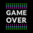 © metelsky25 - Game over slogan with space monsters and invaders. Retro arcade game background for t-shirt print design and apparels graphic. Vintage poster, banner, placard design. Vector illustration.